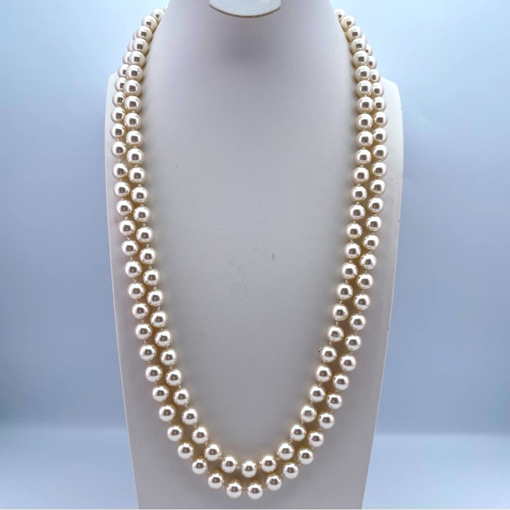 Vintage Long Glossy Ivory Faux Pearl Rope Necklace 50” Hand-Knotted Look
